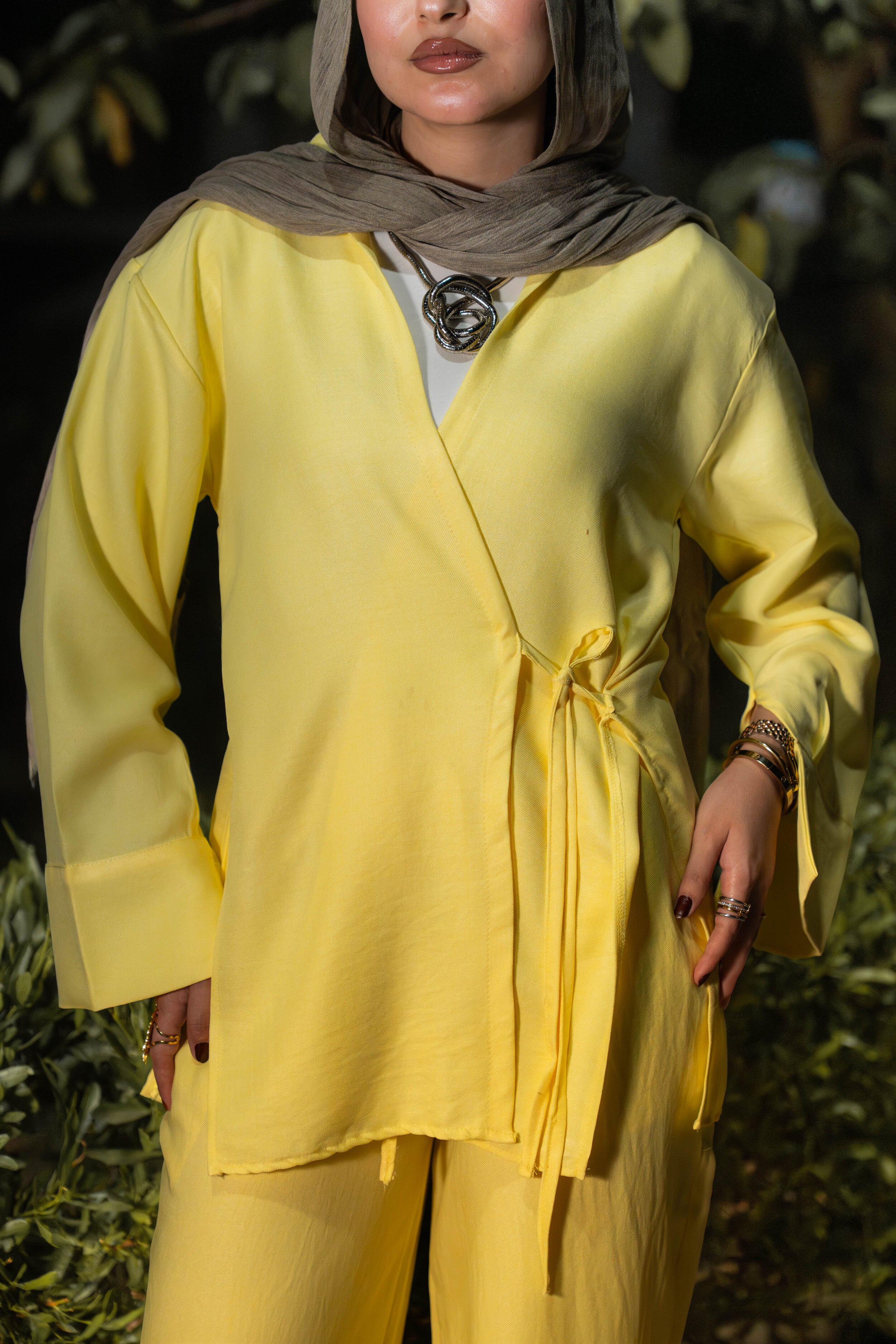 linen wrap top in butter yellow